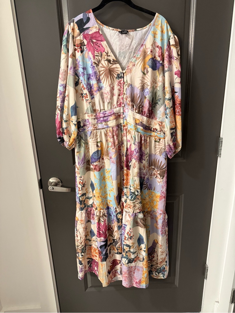 Simplee Plus Floral Parrot Button Down Dress